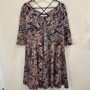 Peruvian Connection XL Pink Blue Paisley Tapestry‎ Cotton Jersey Fit Flare Dress